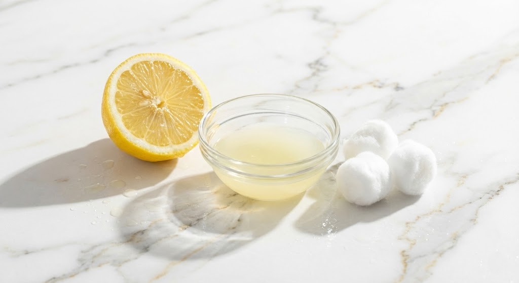 Fresh lemon juice and cotton balls for natural skin brightening