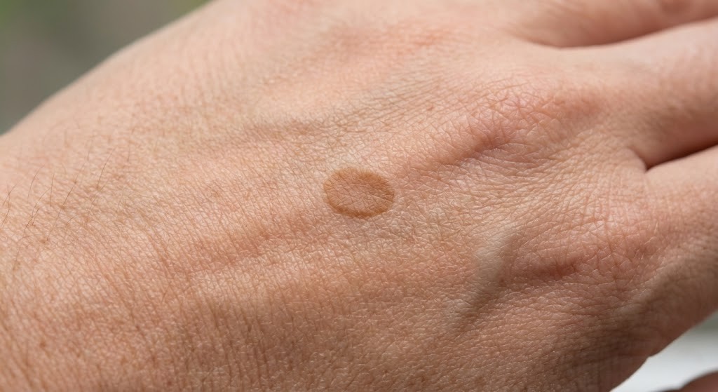 Macro photography of a single solar lentigo (age spot) on the back of a hand