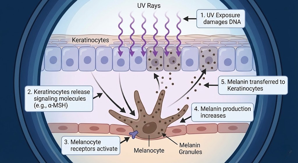 a microscopic biological process Explaining the cellular process of UV rays triggering melanocytes