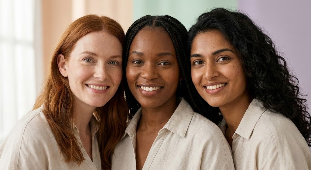 women smiling confidently with natural glowing skin textures illustrating inclusive beauty and skincare